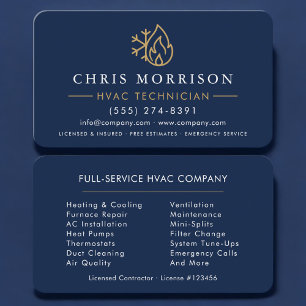Tarjeta De Visita Minimalista HVAC Azul Marino Dorado Moderno