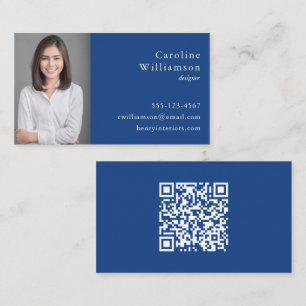 Tarjeta De Visita Minimalista QR de foto profesional azul cobalto bá