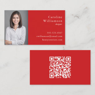 Tarjeta De Visita Minimalista QR de Foto Profesional Rojo Vibrante B