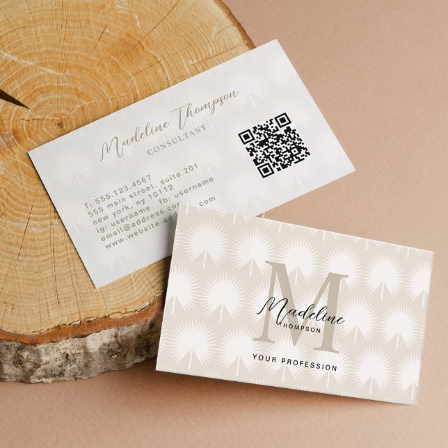 Tarjeta De Visita Mínimo código QR Beige Anahaw Leaf Script Monogram (Subido por el creador)