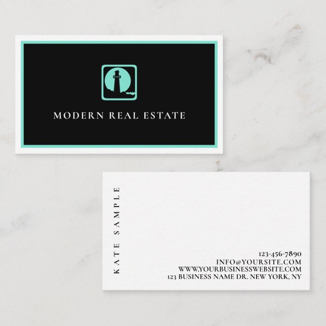 Tarjeta De Visita Mínimo faro Verde azulado faro inmobiliario coster (Anverso / Reverso)