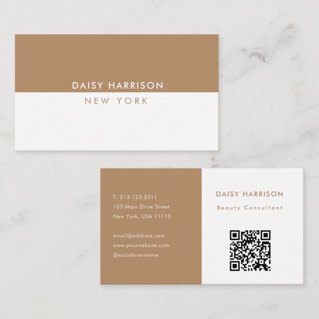 Tarjeta De Visita Mínimo moderno código QR simple blanco y marrón (Anverso / Reverso)