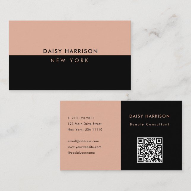 Tarjeta De Visita Mínimo moderno código QR simple negro y rosa (Anverso / Reverso)