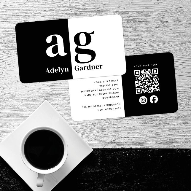 Tarjeta De Visita Mínimo Monograma blanco negro Código QR Medios soc (Subido por el creador)