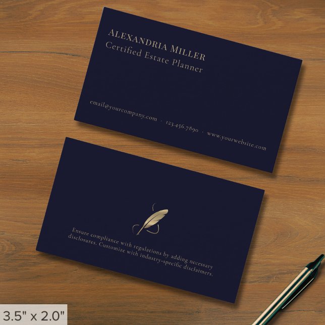 Tarjeta De Visita Mínimo Navy Blue and Gold Quill (Subido por el creador)