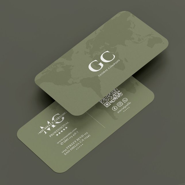 Tarjeta De Visita Mínimo Profesional Global Map Sage Green (Minimal Professional Global World Map Sage Green Business Card
)