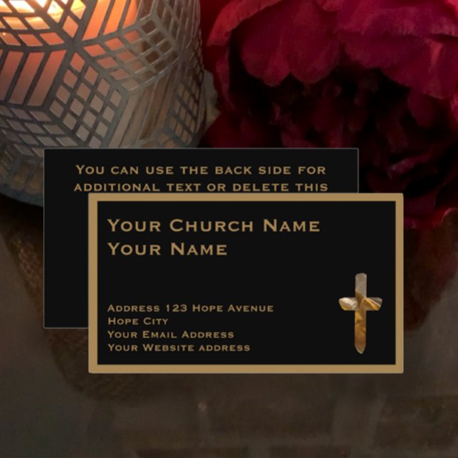 Tarjeta De Visita Ministro de la Iglesia Cristiana Tan Cruz de Estil (Create your personalized minister, pastor, church business card. Tan on Black with gold modern cross)