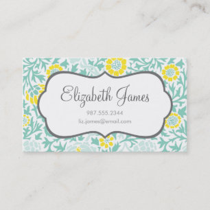 Tarjeta De Visita Mint Aqua y Damasco floral retro amarillo
