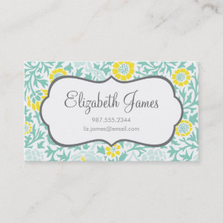 Tarjeta De Visita Mint Aqua y Damasco floral retro amarillo