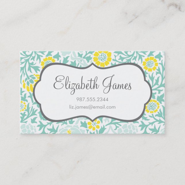 Tarjeta De Visita Mint Aqua y Damasco floral retro amarillo (Anverso)