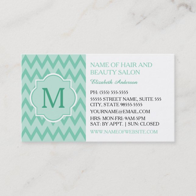 Tarjeta De Visita Mint Chevron Zigzag Monogram Hair Boutique (Anverso)