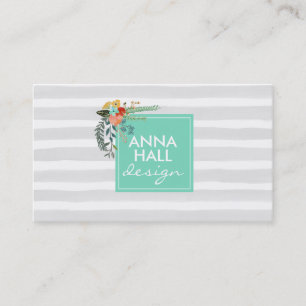 Tarjeta De Visita Mint floral moderna y rayas grises
