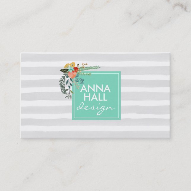 Tarjeta De Visita Mint floral moderna y rayas grises (Anverso)