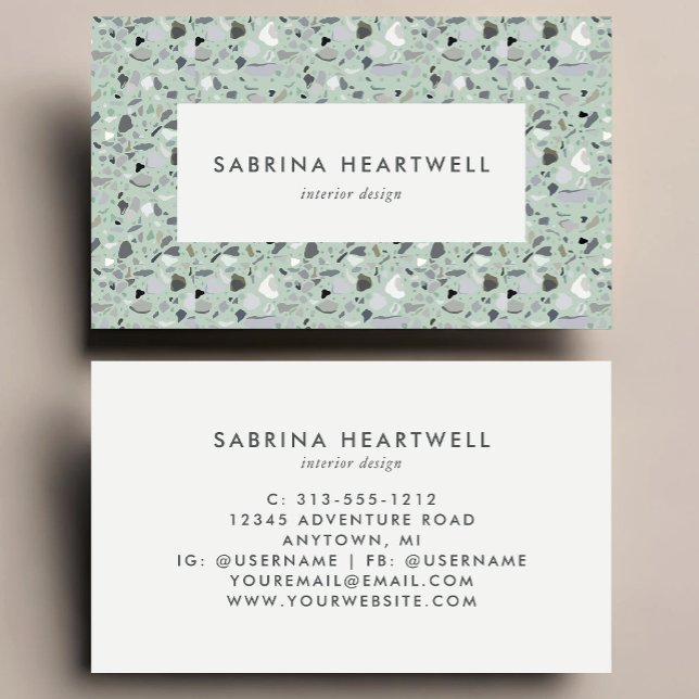 Tarjeta De Visita Mint Green Gray Terrazzo Pattern Interior Design (Subido por el creador)