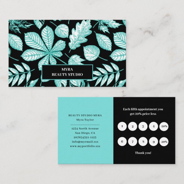 Tarjeta De Visita Mint Green Leafy Monogram Name Business Card (Anverso / Reverso)