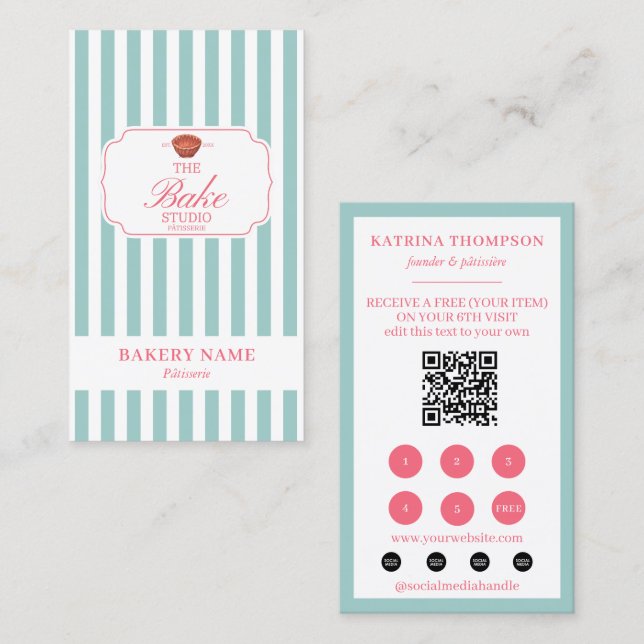 Tarjeta De Visita Mint Green Pink Stripes Bakery Logo Loyalty Punch (Anverso / Reverso)