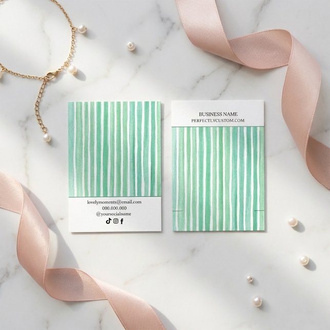 Tarjeta De Visita Mint Green Watercolor Stripes Bracelet Display  (#JewelryDisplayCard
#BraceletCard
#NecklaceCard
#FavorTagDesign
#WatercolorStripes
#MintGreenDesign
)