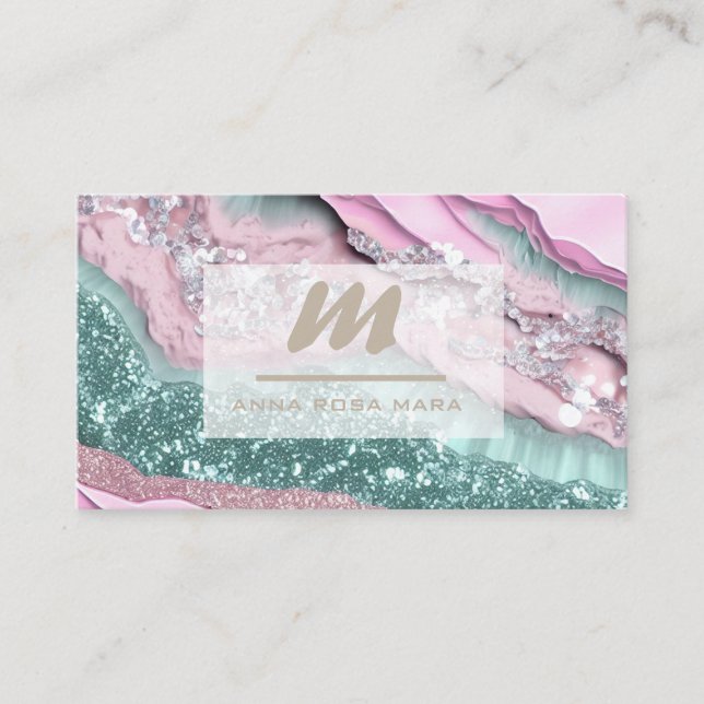 Tarjeta De Visita *~* MINT PINK QR Marble Glam Luxe Inicial AP66 (Anverso)
