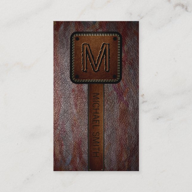 Tarjeta De Visita Mirada del cuero de Brown del monograma (Anverso)
