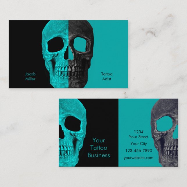 Tarjeta De Visita Mitad gótica Skulls Verde azulada Tatutto negro (Anverso / Reverso)