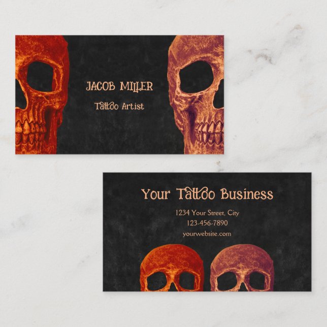 Tarjeta De Visita Mitad Skull Naranja Gótico Tatuaje de Textura Negr (Anverso / Reverso)