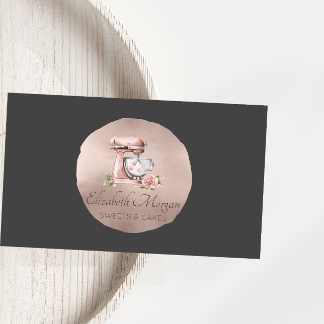Tarjeta De Visita Mixer Flower Hearts Rose Gold Circle Gray Bakery (Subido por el creador)