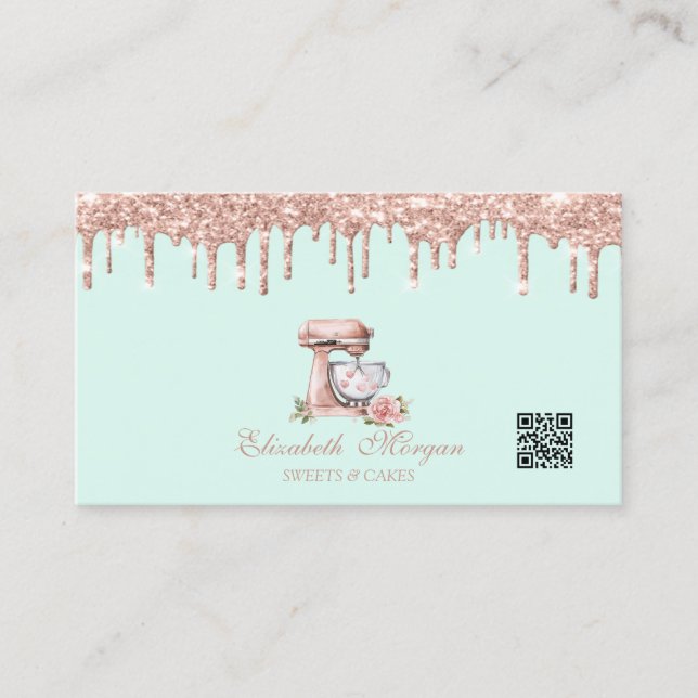 Tarjeta De Visita Mixer Hearts Flowers Rose Gold Drips QR Code  (Anverso)