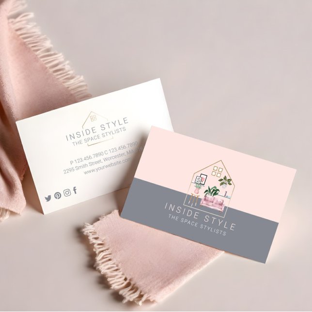Tarjeta De Visita Mobiliario Decoración Hogar Elegante Estampado ros (Furniture Decor Stylish Home Staging Pink & Grey Business Card)