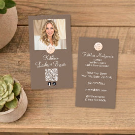 Tarjeta De Visita Mocha Brown Logo QR Code Photo Lashes and Brows