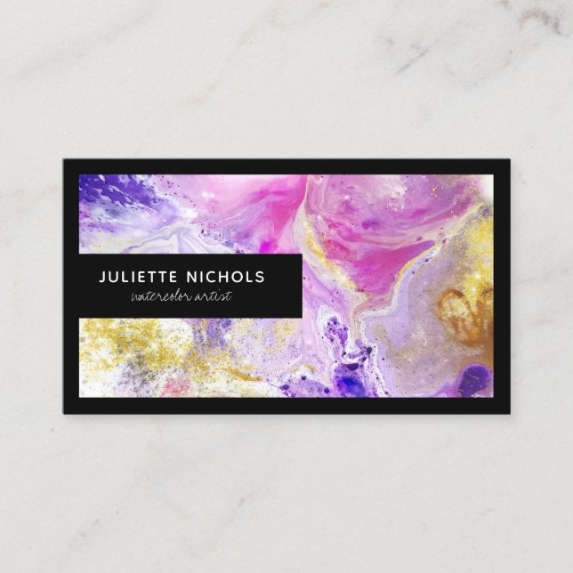 Tarjeta De Visita Moda acuarela moderna artista dorado rosa púrpura (Anverso)