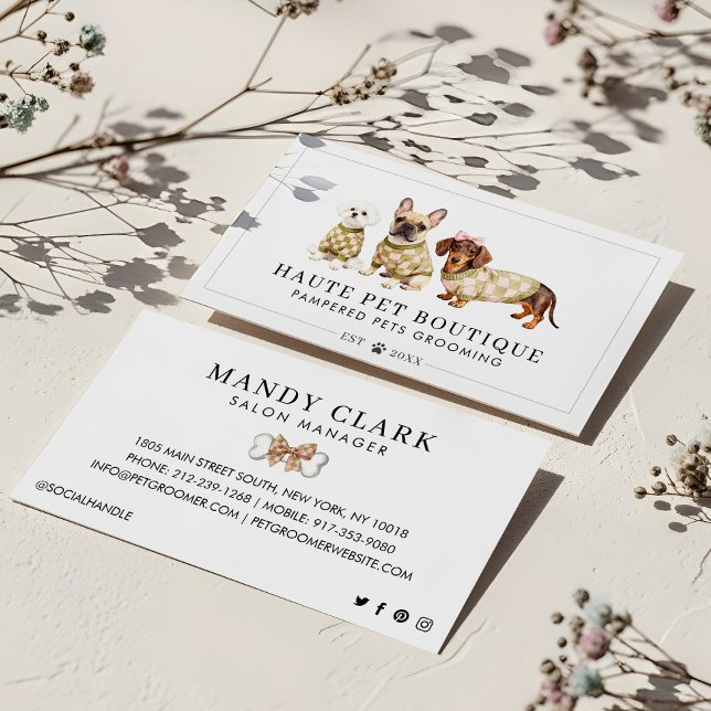 Tarjeta De Visita Moda Acuarela Razas de Perro Mascota controlado Gr (Chic Watercolor Dog Breeds Checkered Pet Groomer Business Card)