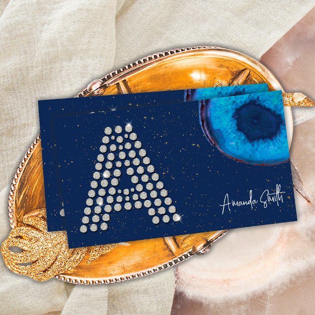 Tarjeta De Visita Moda Agante azul de diamante carta inicial a monog (Front)