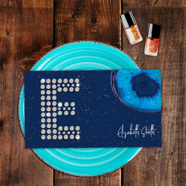 Tarjeta De Visita Moda Agante azul de diamante Letra inicial e monog (Front)