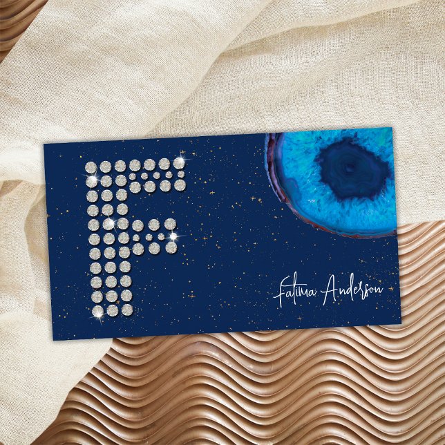 Tarjeta De Visita Moda Agante azul de diamante Letra inicial F Monog (Front)