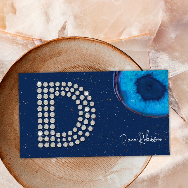 Tarjeta De Visita Moda Agate azul de diamante Letra D inicial Monogr (Front)