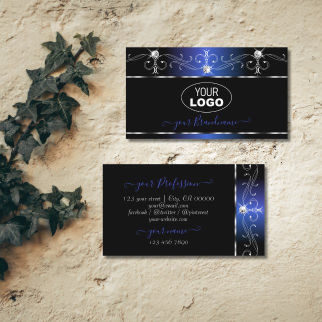 Tarjeta De Visita Moda Agujas azules negras destellan joyas con logo (Subido por el creador)