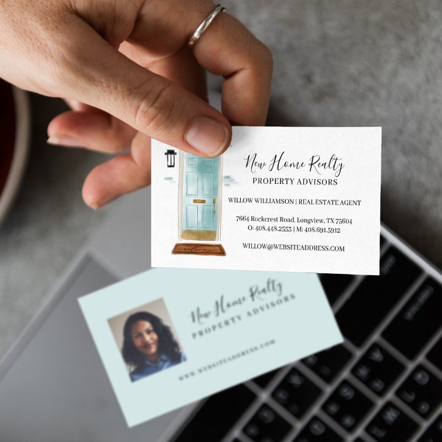 Tarjeta De Visita Moda Azul acuarela frente a puerta Foto inmobiliar (Chic Blue Watercolor Front Door Real Estate Photo Business Card)