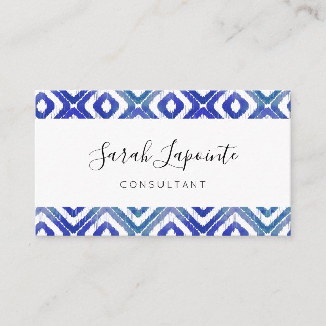 Tarjeta De Visita Moda azul de zafiro y elegante patrón de ikat (Anverso)