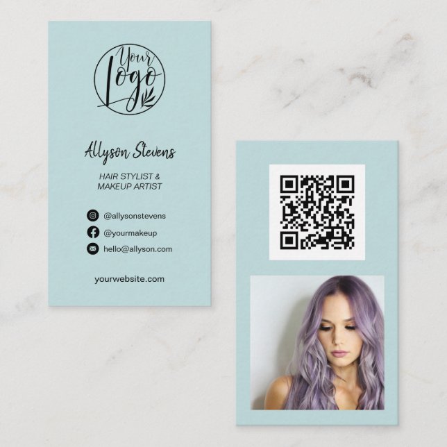 Tarjeta De Visita Moda azul maquillaje de pelo logo foto código qr s (Anverso / Reverso)