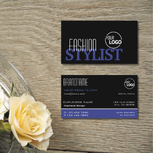 Tarjeta De Visita Moda Azul negro y blanco simple estilo con logotip