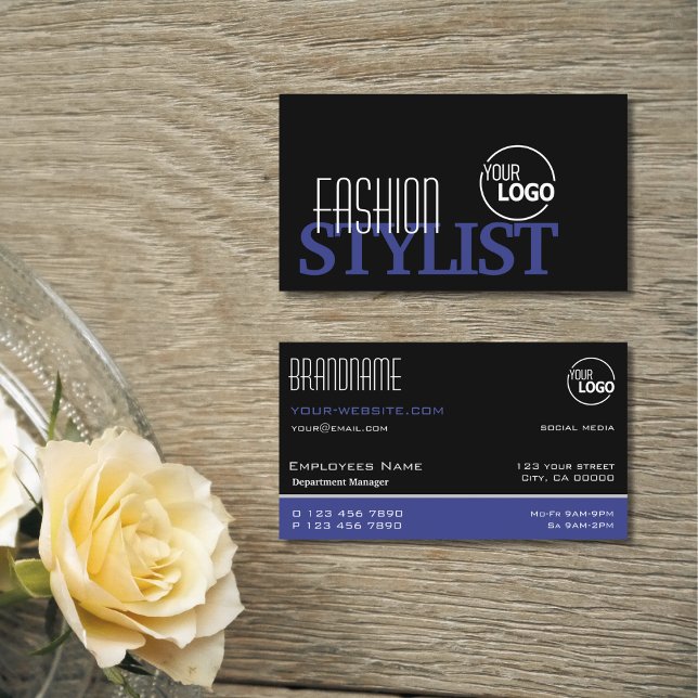 Tarjeta De Visita Moda Azul negro y blanco simple estilo con logotip (Subido por el creador)