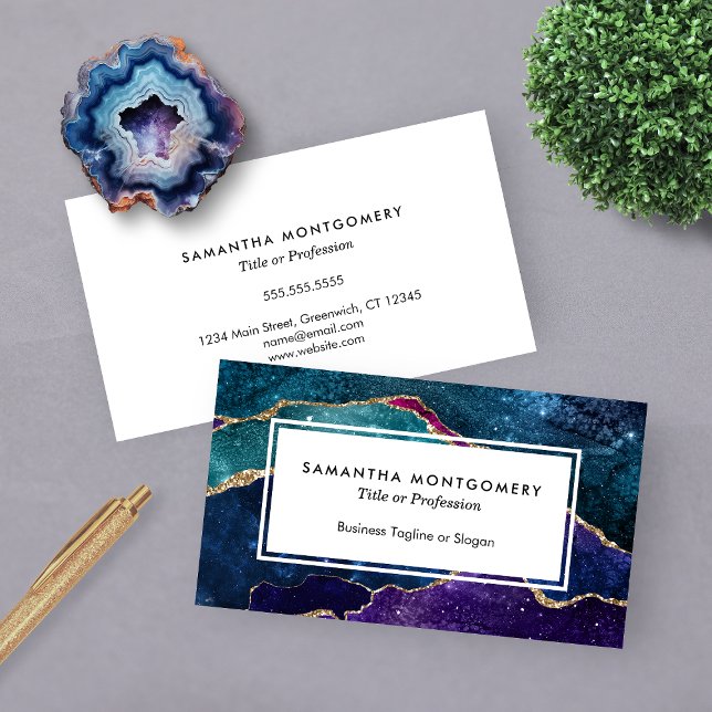 Tarjeta De Visita Moda Azul Púrpura Aqua Venas de Oro Agitado (Chic Blue Purple Aqua Gold Veins Agate Business Card)