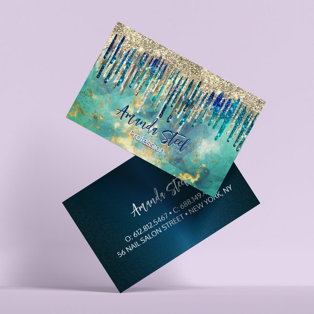 Tarjeta De Visita Moda azul turquesa purpurina oro goteo monograma (Subido por el creador)