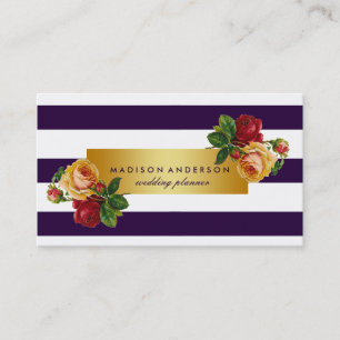 Tarjeta De Visita Moda azul y blanca de la marina tiras Floral dorad