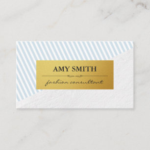 Tarjeta De Visita Moda Baby Blue White Stripes Faux Metallic Gold