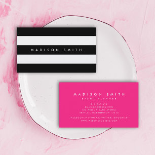 Tarjeta De Visita Moda Bandas negras y blancas con rosado vibrante