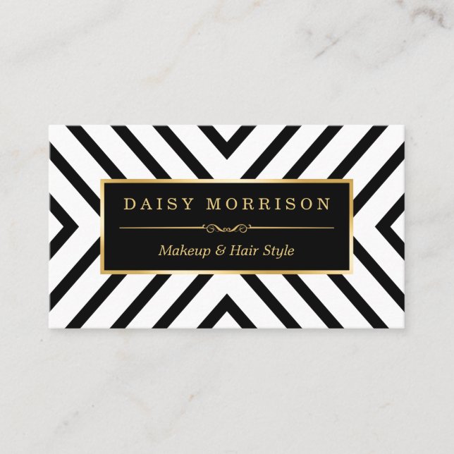 Tarjeta De Visita Moda Belleza Oro Patrón de Línea Blanca Negra (Anverso)