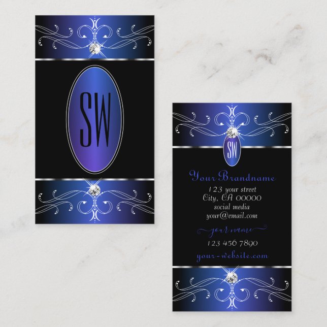 Tarjeta De Visita Moda Black Blue Purple Ornate Ornaments Iniciales (Anverso / Reverso)