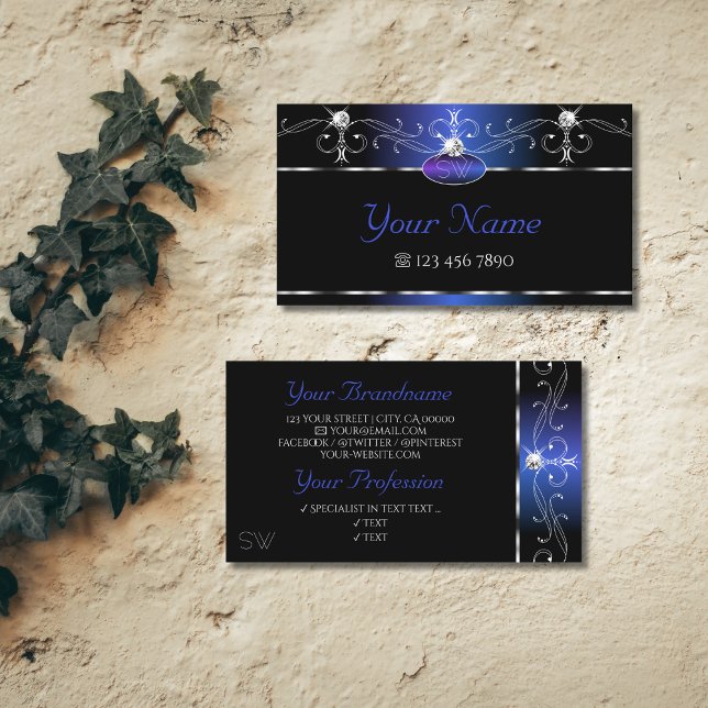 Tarjeta De Visita Moda Black Blue Squiggles Sparkle Jewels Iniciales (Subido por el creador)