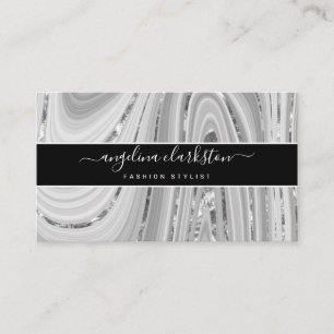 Tarjeta De Visita Moda Black Gray White Script Marble Agate